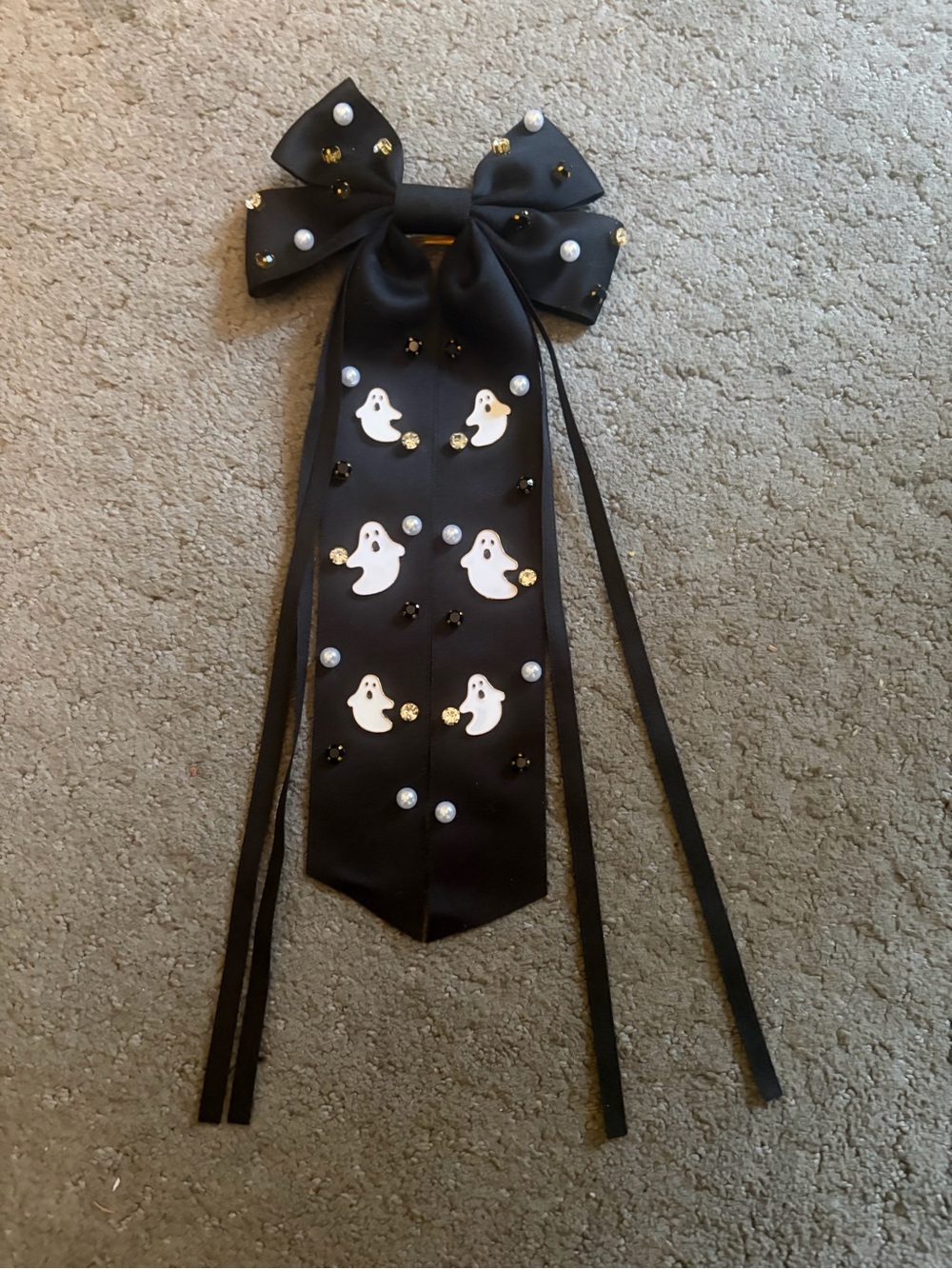 Black Bow Hair Clip with White Ghosts and Pearls